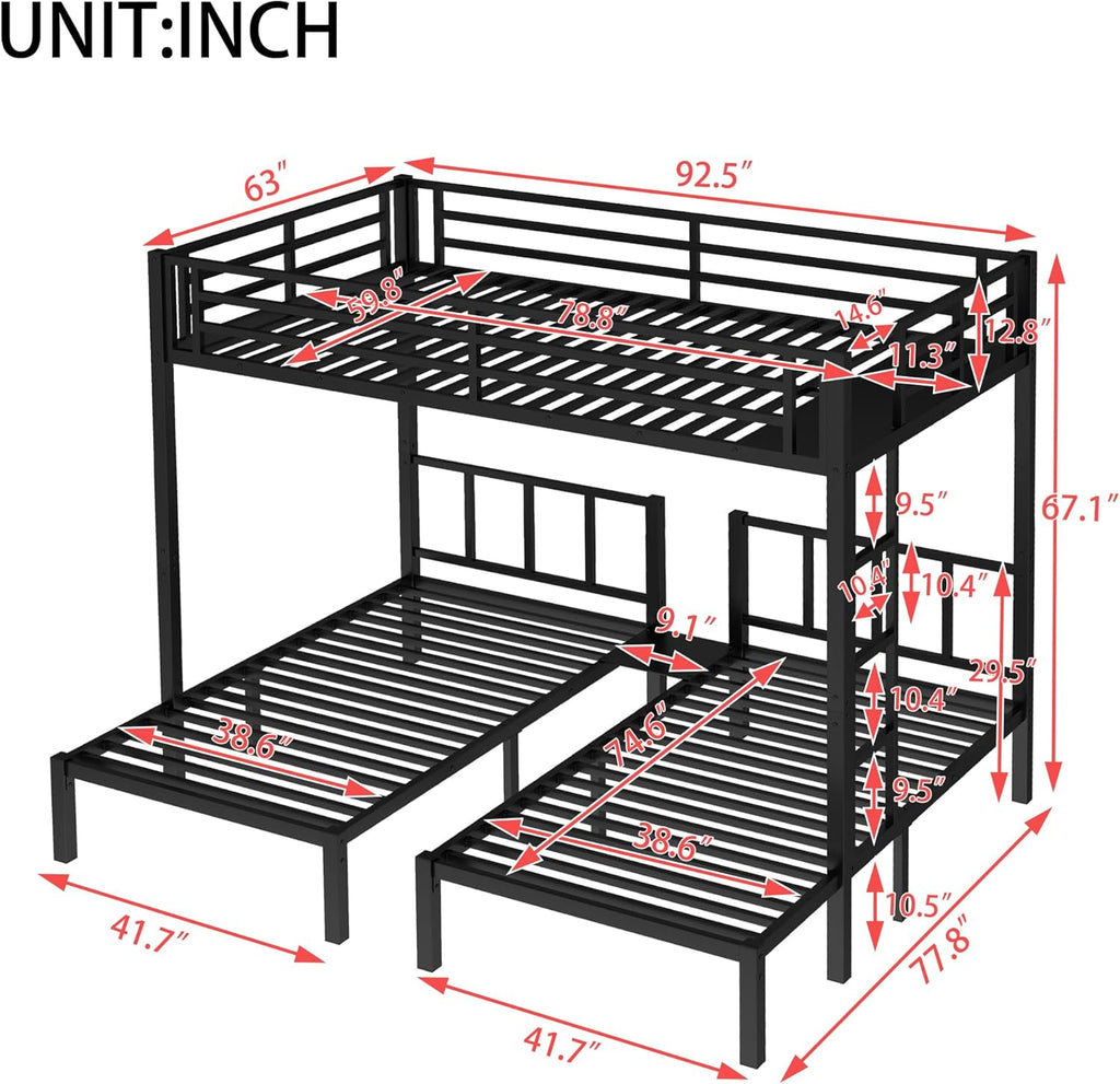Triple Bunk Bed for Kids, Detachable Queen Over Twin & Twin Metal Bunk Bed with Guardrails, Ladder & Storage