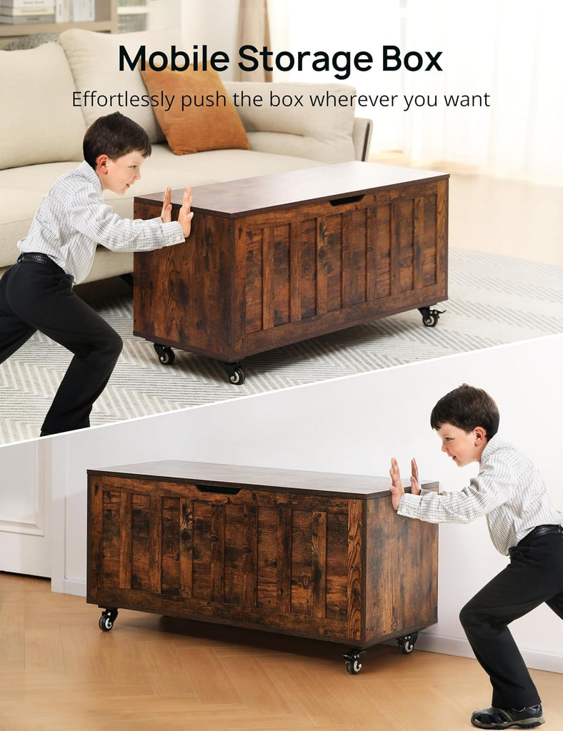 Storage Chest, 39.4'' Wooden Storage Bench with 4 Wheels & 2 Safety Hinges, Retro Toy Box Support 300 lbs , Easy