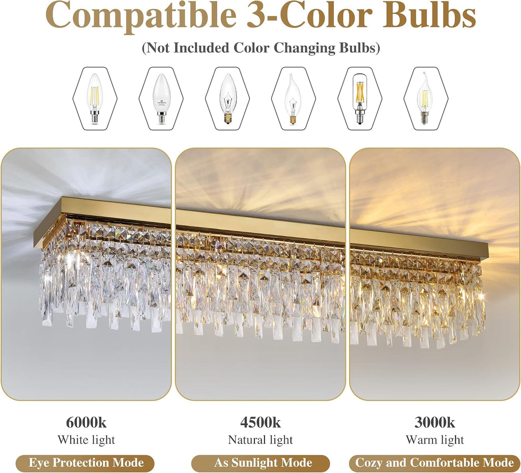 Rectangular Crystal Chandelier Flush Mount 40" Gold Ceiling Light,Large K9 Raindrop Light Fixture,8 Lights Modern