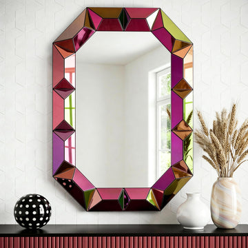 Modern Wall Mirror, 39" Decorative Accent Wall Mirror with Neon Finish, Geometric Iridescent Mirror, or Living Room