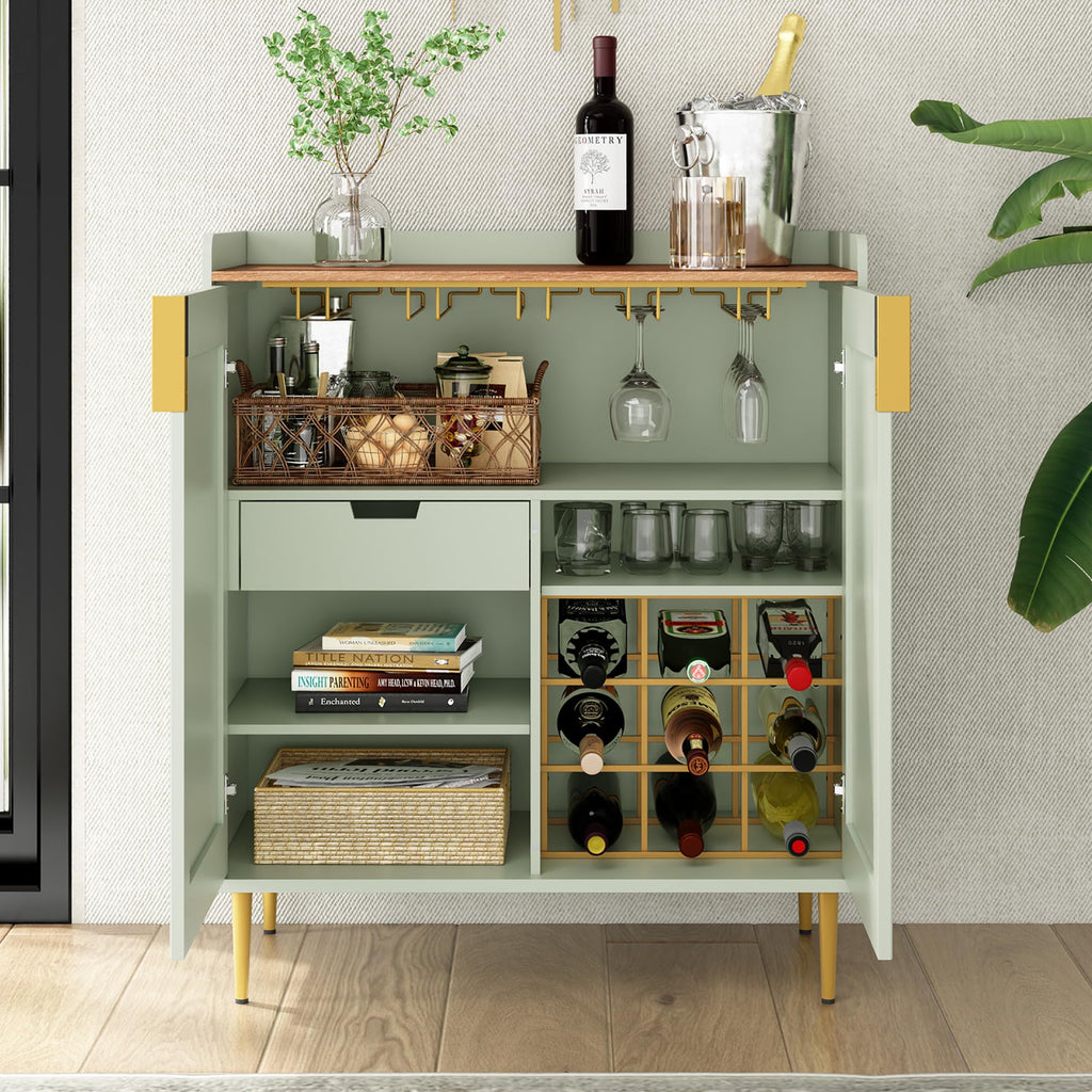 Coffee Bar Cabinet with Wine Rack&Glass Holder, Sage Green