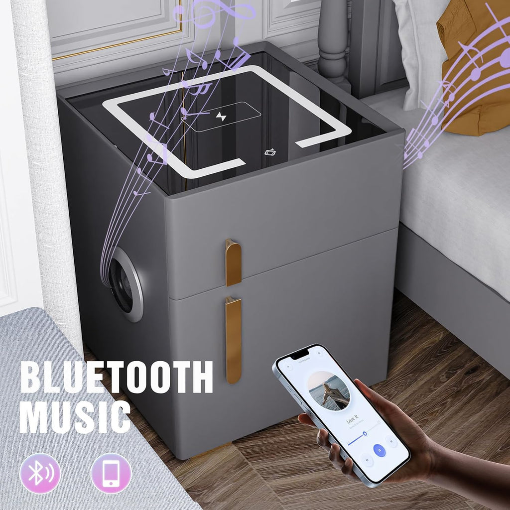 Smart Nightstand with Drawers and Safe,Nightstand with Wireless Charging, Modern Bedside Table with Strongbox, USB