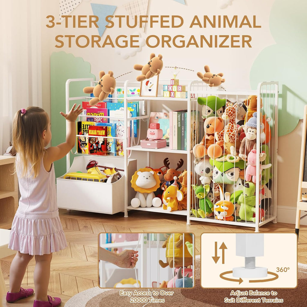 Kids Bookshelf and Toy Storage Organizer, 3-in-1 Toddler Montessori Bookcase with Stuffed Animal Storage & Movable