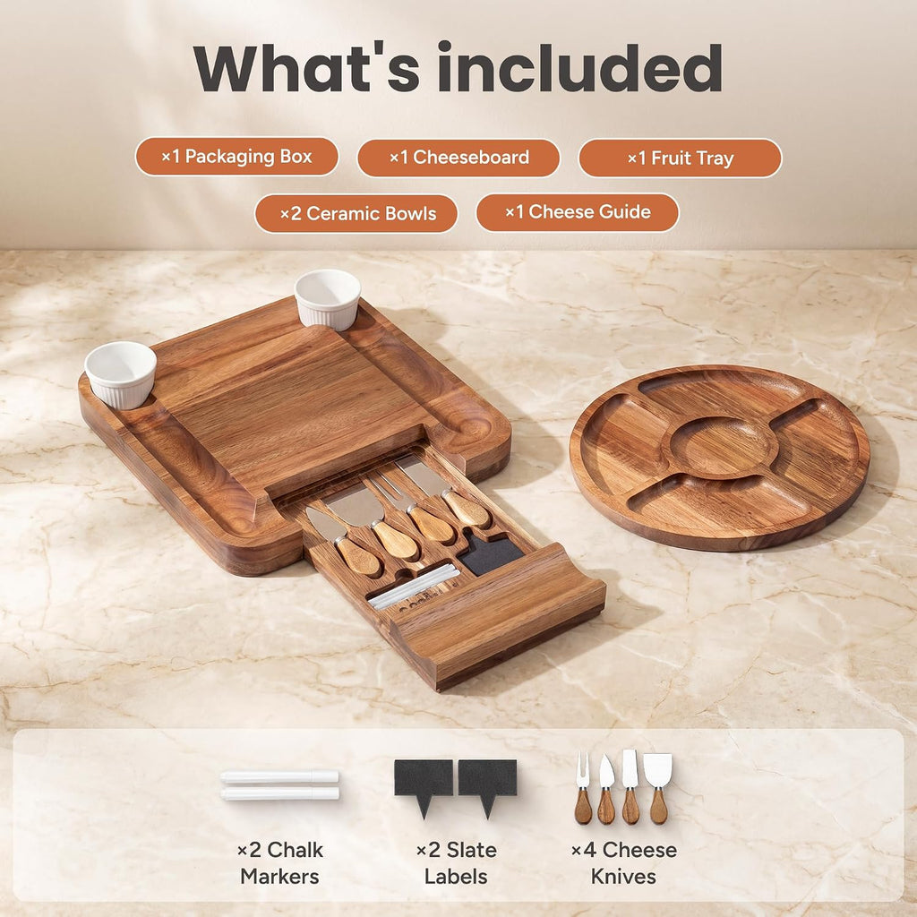 Charcuterie Board Set with Serving Accessories, Acacia | Serving Board Gift warmings, Weddings and Birthdays, Great