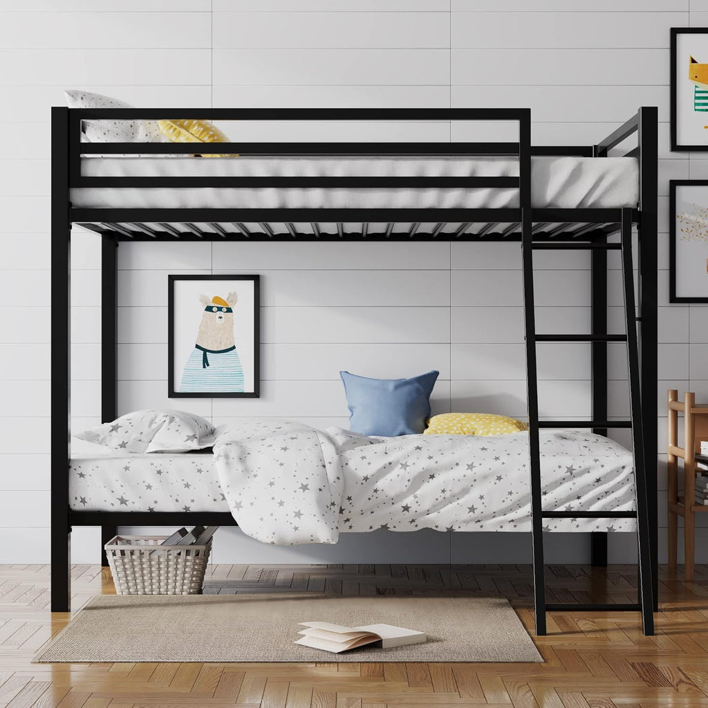 Loft Bunk Bed Twin Over Twin with Ladder and Guardrail,Heavy Duty Metal Slats Support No Box Spring Needed Small Space