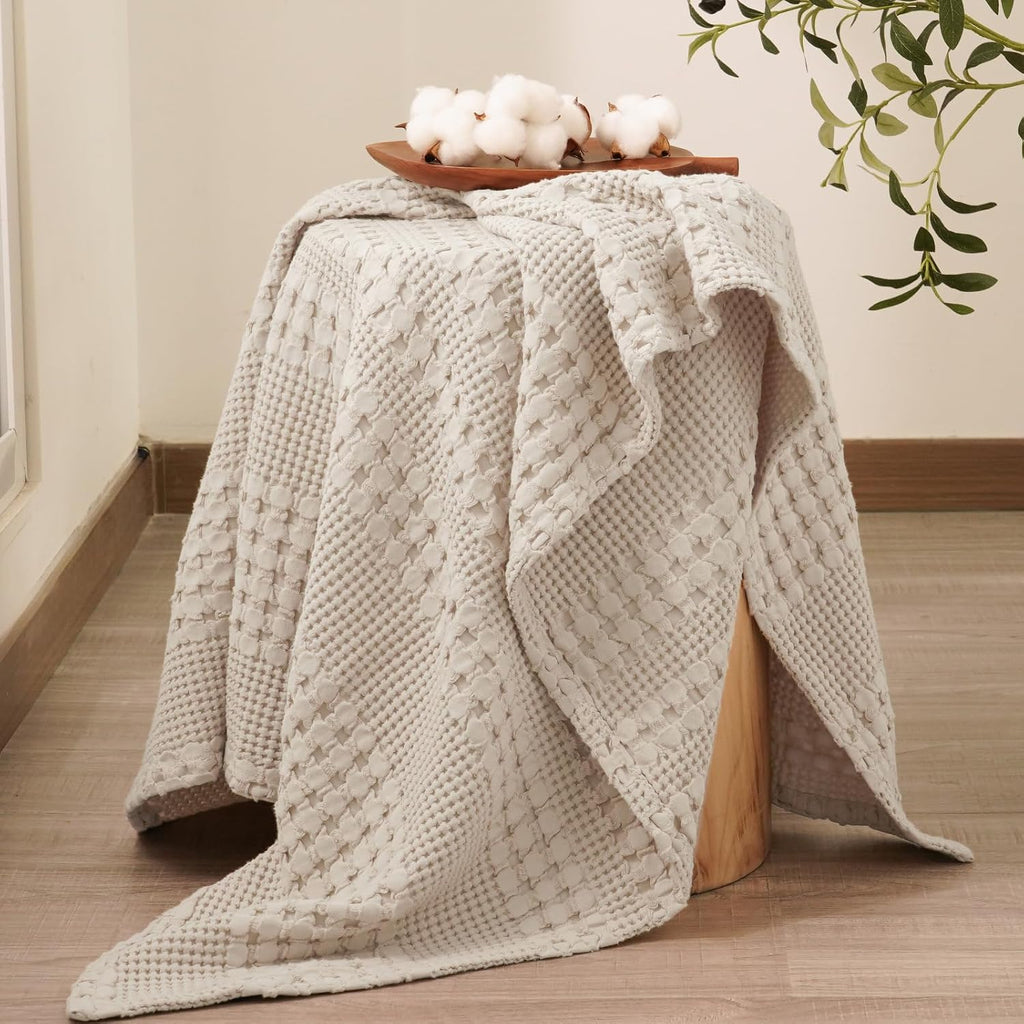 100% Cotton Waffle Throw Blanket, Lightweight Breathable and Soft for Summer, Luxury Aesthetic Waffle Weave Blanket
