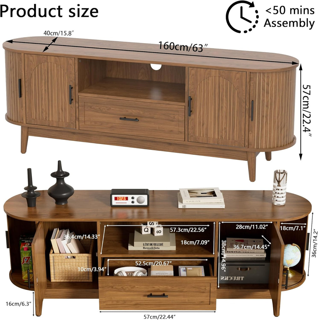 63" Fluted TV Stand for Tvs up to 70", Mid-Century Modern Entertainment Center with Drawers and Fluted Doors, Curved