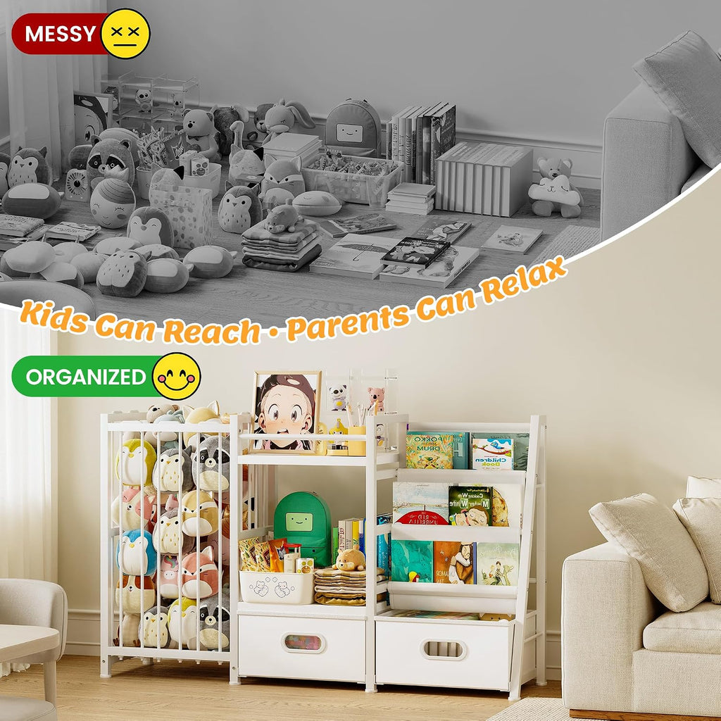 Kids Bookshelf and Toy Storage Organizer with Drawers, 49.3"W×11.8"Dx30.3"H | 3-Tier Book Shelves, 2 Drawers, Stuffed