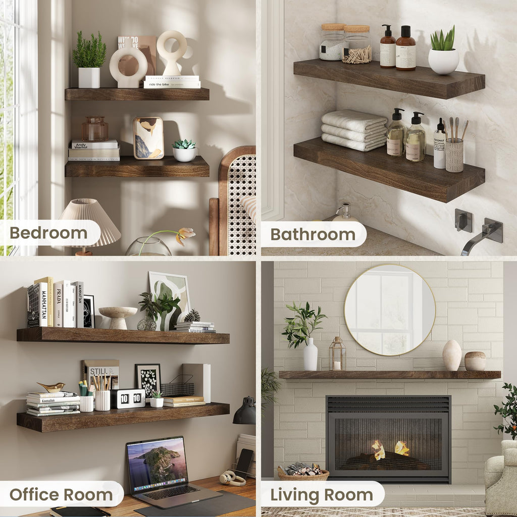 Solid Elm Wood Floating Shelves for Wall, 20 x 8 Inch Modern Rustic Wall Shelves Set of 2 with Invisible Brackets