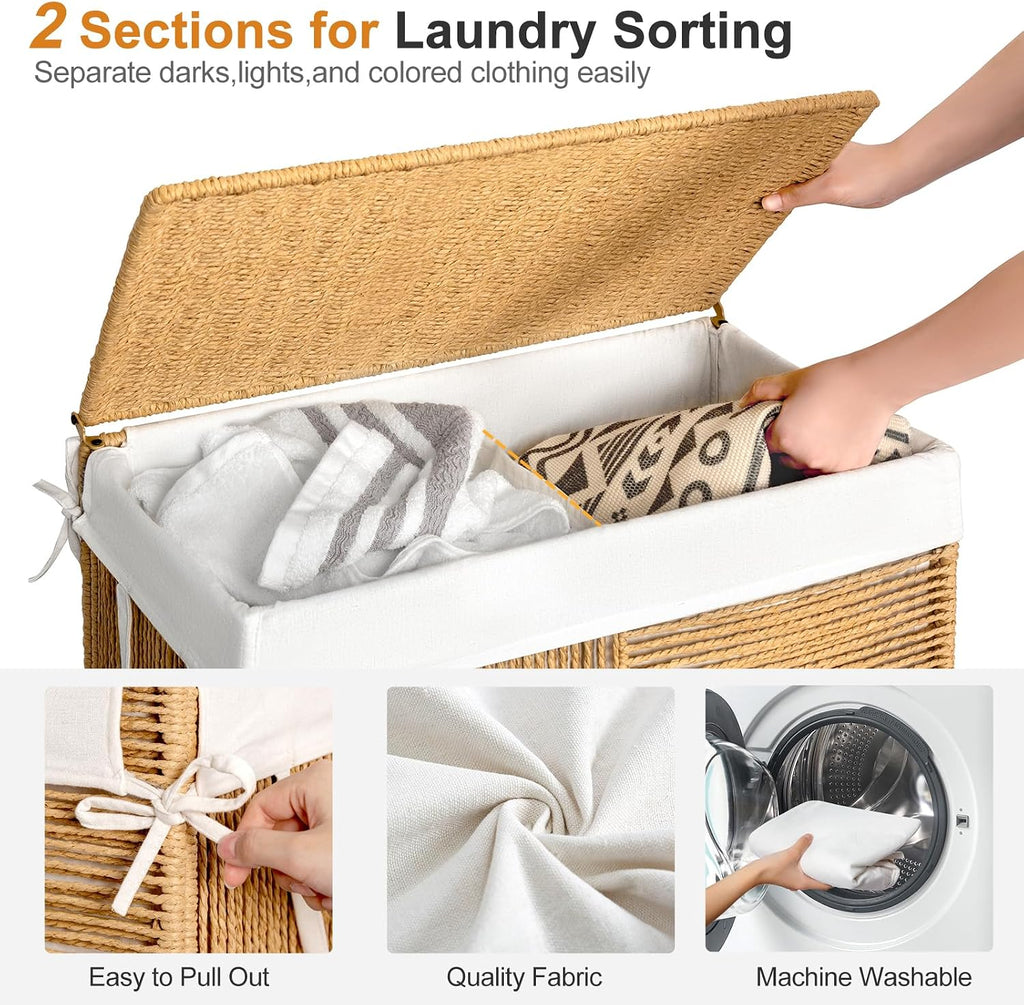 Double Laundry Hamper with Wheels, Handwoven Rolling Laundry Basket | 115L Dirty Clothes Hamper with Lid, Removable