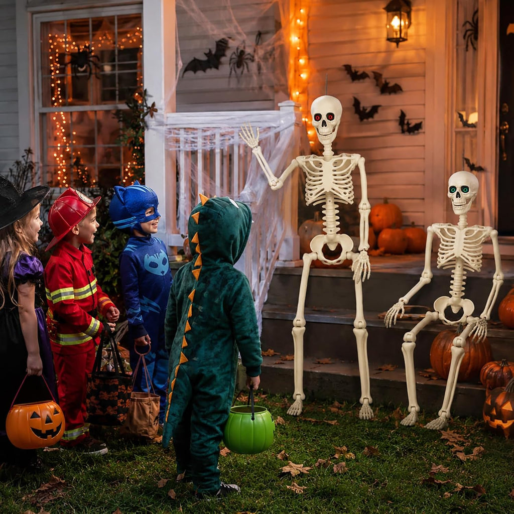 Halloween Skeleton Decorations - 2 Pack 3FT Poseable Skeletons with Eyes, Movable Joints & Jaw Scary Scenes, Yard - Set of 2