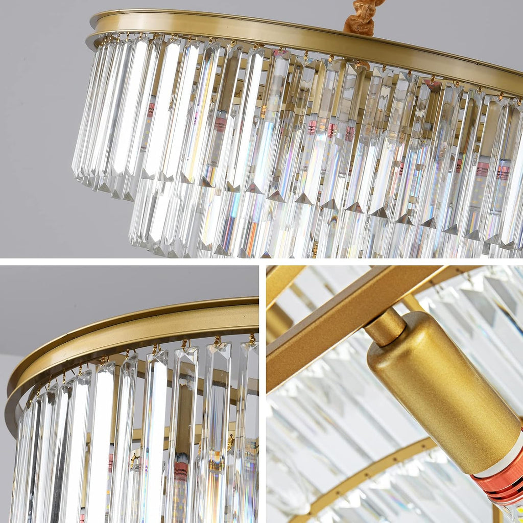 Gold Modern Crystal Chandelier, 4-Tier Round Flush Mount Ceiling Light Fixtures Height Adjustable Pendant Lighting