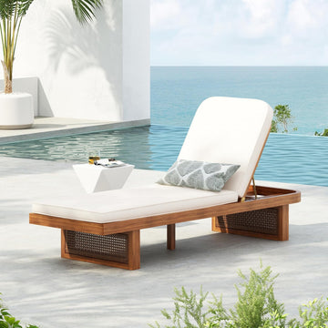Acacia Wood Patio Chaise Lounge with Cushion, Outdoor Patio Sun Lounger Recliner Chair, Adjustable Backrest