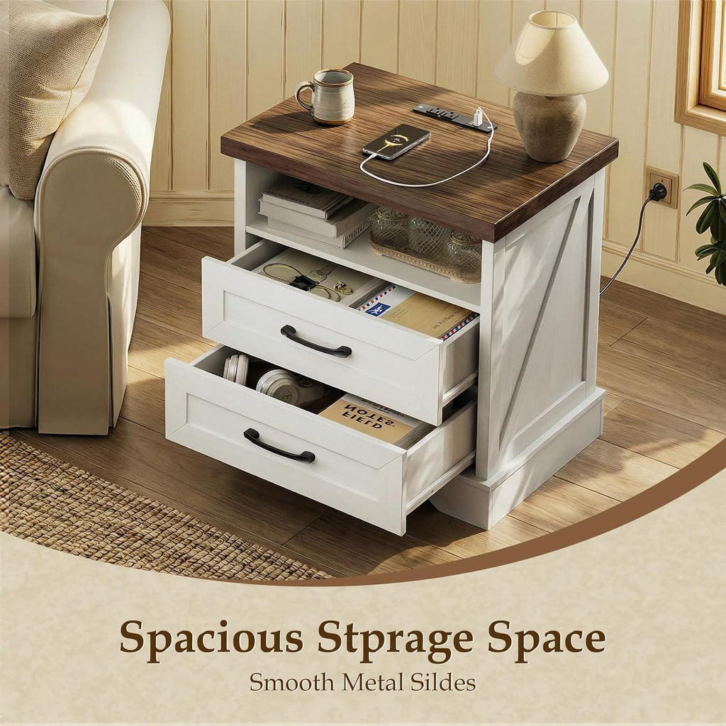 24 Inch Farmhouse Nightstand with Charging Station, Wood Bedside Table with 2 Drawers and Open Shelf, Rustic End