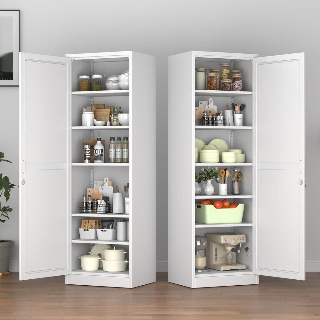 Lockable Tall Pantry Cabinet, Adjustable Shelves, Narrow Storage Cabinet | 1 Lock for Full Cabinet Security, 5