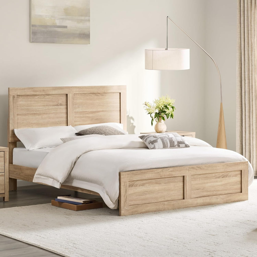 Wood Bed Frame with Headboard and Footboard, Wooden Platform Mattress Foundation with Silent Slat Support Noise-Free