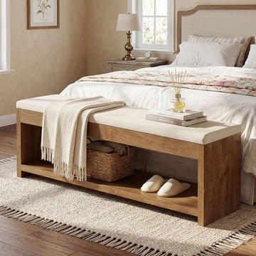 End of Bed Bench with Cushion , 55.1-Inch Wooden Upholstered Storage Bedroom Bench with Shoe Rack