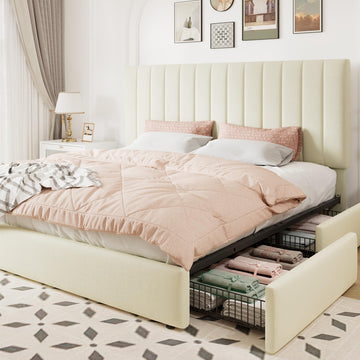 King Size Storage Bed Frame, Vertical Channel Tufted Adjustable Headboard, Velvet Upholstered Platform Bed with 4
