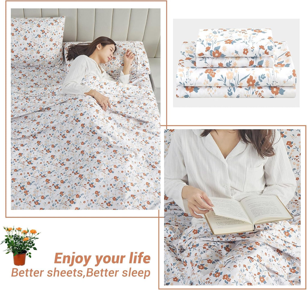 Floral Sheet Set Orange Flower Printed Bed Sheets - 4 Piece Soft Microfiber Patterned Fitted Sheets with 15"