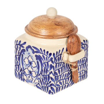 Co-Op Stoneware Canister with Design, Lid and Spoon, Cream, Blue and Natural