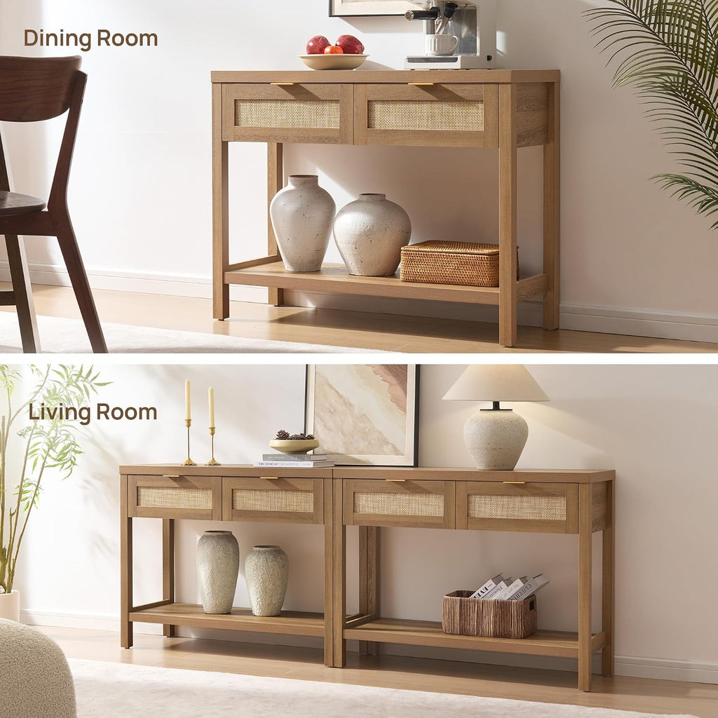 Console Table with Rattan Drawers - Boho Rattan Entryway Table with Storage, Small Console Tables , Entry Tables