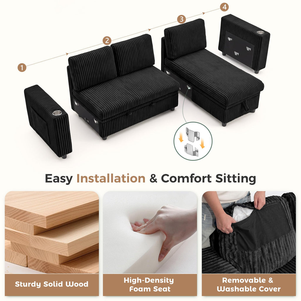 82.5" Pull Out Sleeper Sofa Bed with Storage Chaise, Black