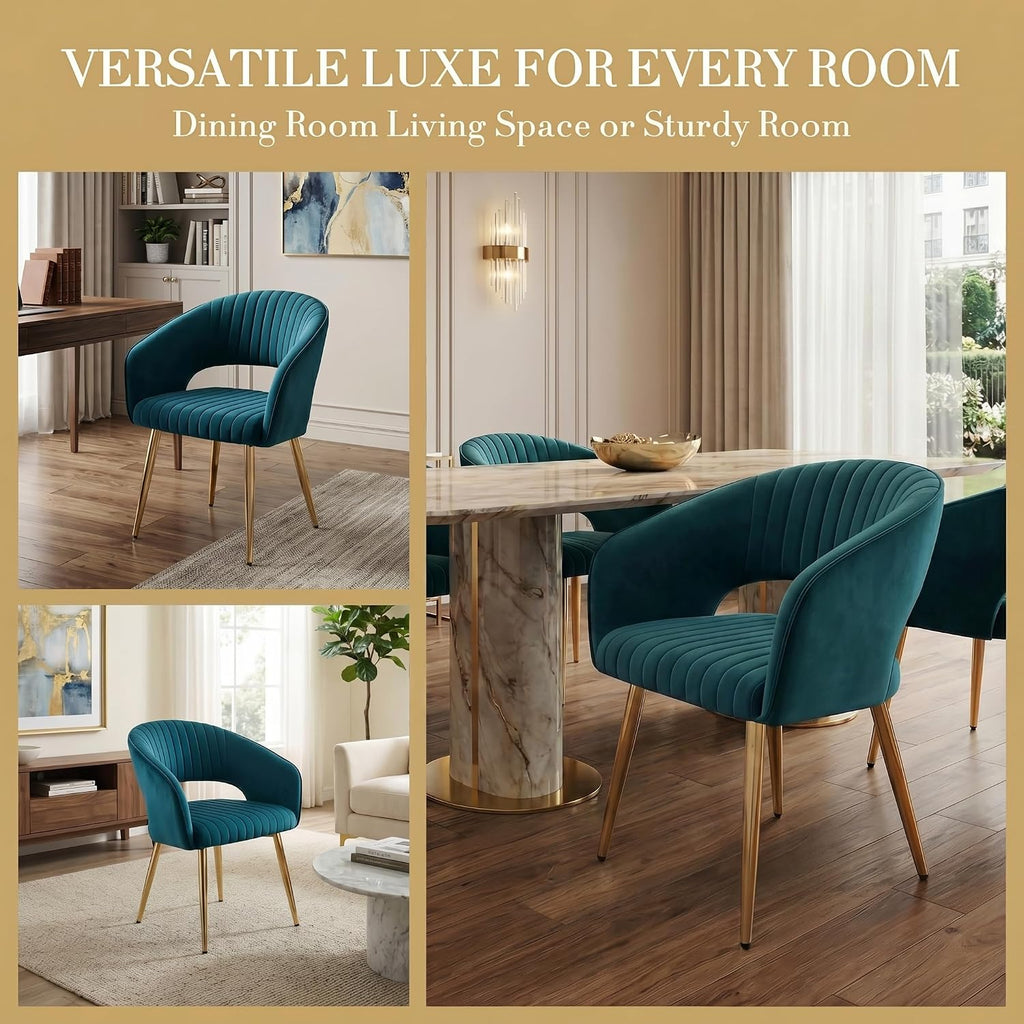 Modern Velvet Dining Chairs Set of 2, Upholstered Gold Dining Chairs with Hollow Back, Dining Room Chairs with Gold