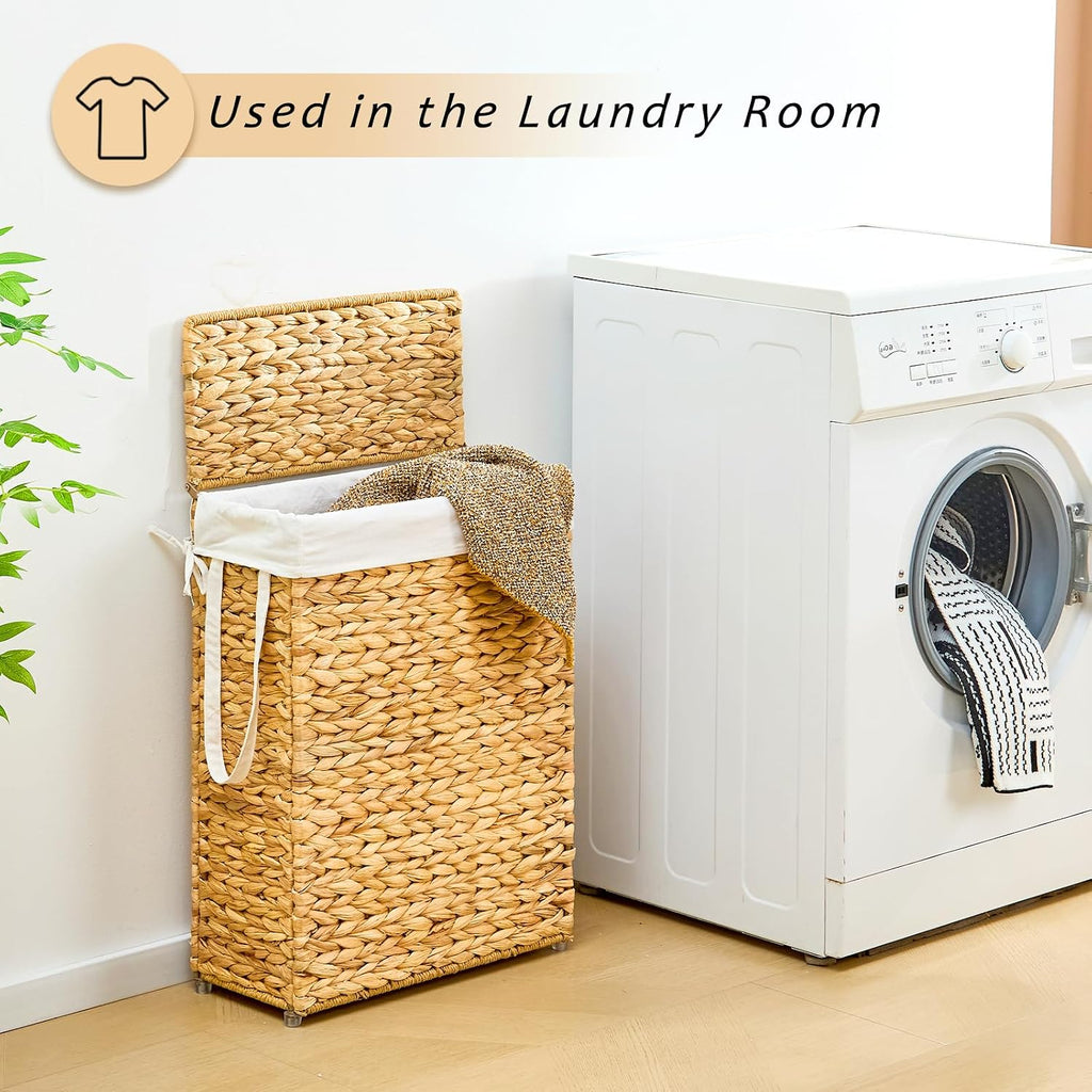 Handwoven Slim Laundry Hamper with Lid, Narrow Wicker Laundry Basket, Natural Water Hyacinth Basket and Handleswith
