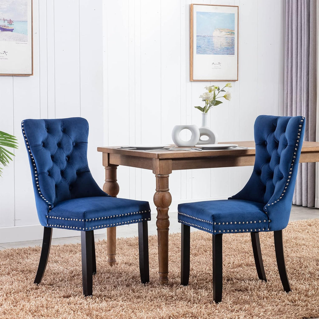 Velvet Dining Chairs Set of 4, Tufted Upholstered Chairs with Nailhead Back and Ring Pull Trim for Kitchen, Bedroom or Dining Room, Blue