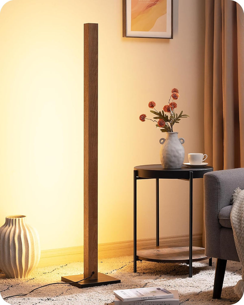 Mid Century Modern Floor Lamp with Remote, Dimmable Wood LED Corner Lamp, Minimalist Standing Mood Lighting