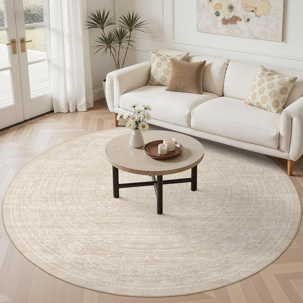 8ft Round Rug Living Room: Washable Large Vintage Neutral Area Rug Non-Slip Soft Stain Resistant Ind