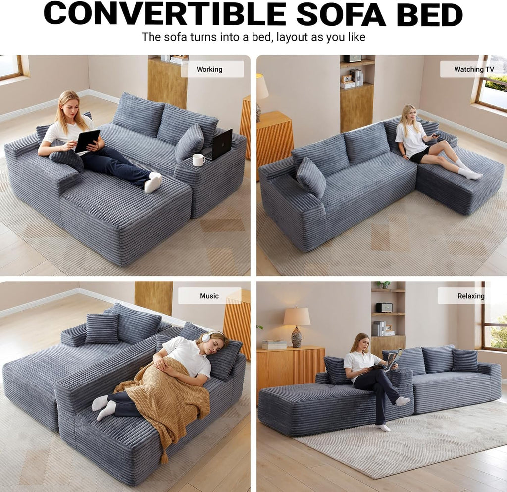 108" Cloud Boneless Couch, L-Shaped Sectional Sofa, Grey