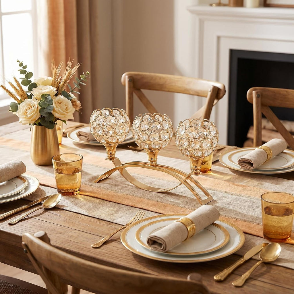 3-Arm Arched Crystal Candelabra, Gold Candle Holder Table Centerpiece, Dining, Party, Thanksgiving & Christmas