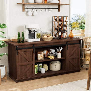 Farmhouse Sideboard Buffet Cabinet, Coffee Bar Storage with Sliding Barn Doors, Shelf Dining Room, Espresso
