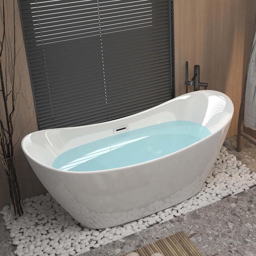 67" Oval Freestanding Soaking Bathtub with Toe-Tap Chrome Drain & Adjustable Leveling Feet, Stand Alone Tub, Acrylic