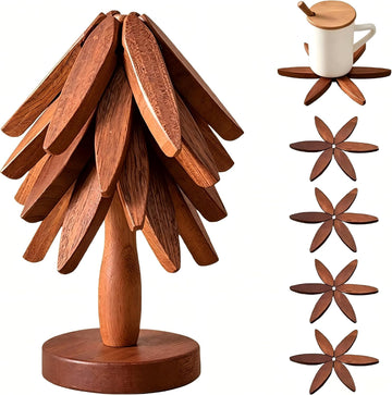 Wooden Trivets for Hot Dishes, Tree Shape Trivet Set, 4 Walnut Wood + 1 Stand stored Like a Christmas Tree,Foldable - Set of 5