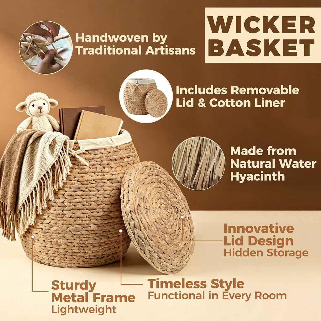 Wicker Basket with Lid Decorative Storage - Large Blanket Basket , Plants, Organization, Handwoven Water Hyacinth