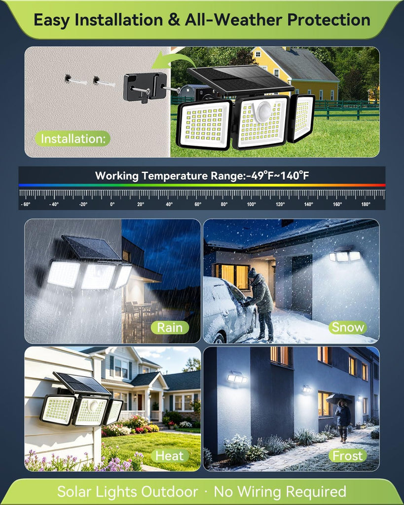 2500LM Solar Lights Outdoor with Motion Sensor,3 Head 270° Wide Angle Street Area Lights,IP65 Waterproof Security