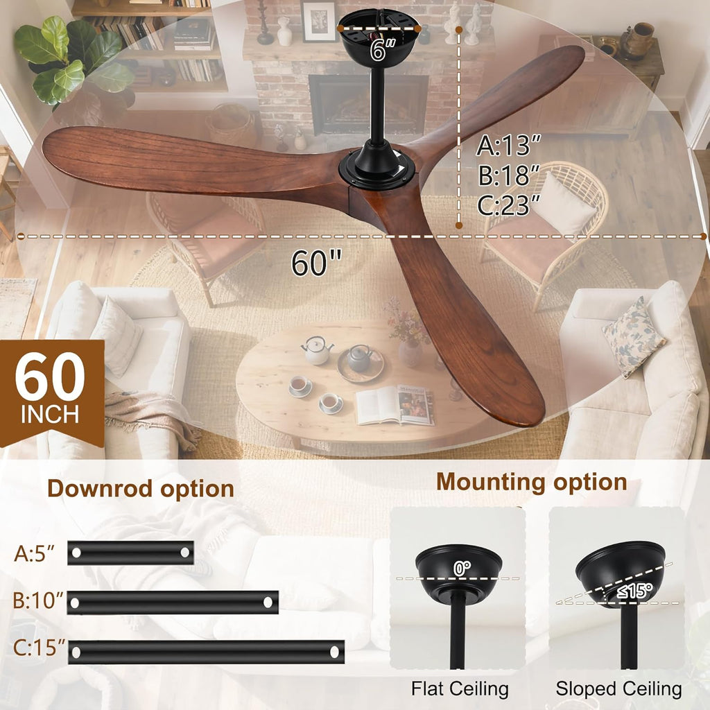 Inspired Maverick Style 60" Ceiling Fans Without Lights, 60 Inch Outdoor Ceiling Fans no Lights, 3 Blade Solid Wood Damp Rated Ceiling Fan with Remote Control for Living Room Gazebo Farmhouse/Patios Porch - Dark Walnut