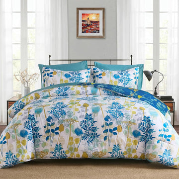 7Pieces King Comforter Set, Blue Yellow Botanical Bed in a Bag Complete Set with Sheet Pillowcase All Season