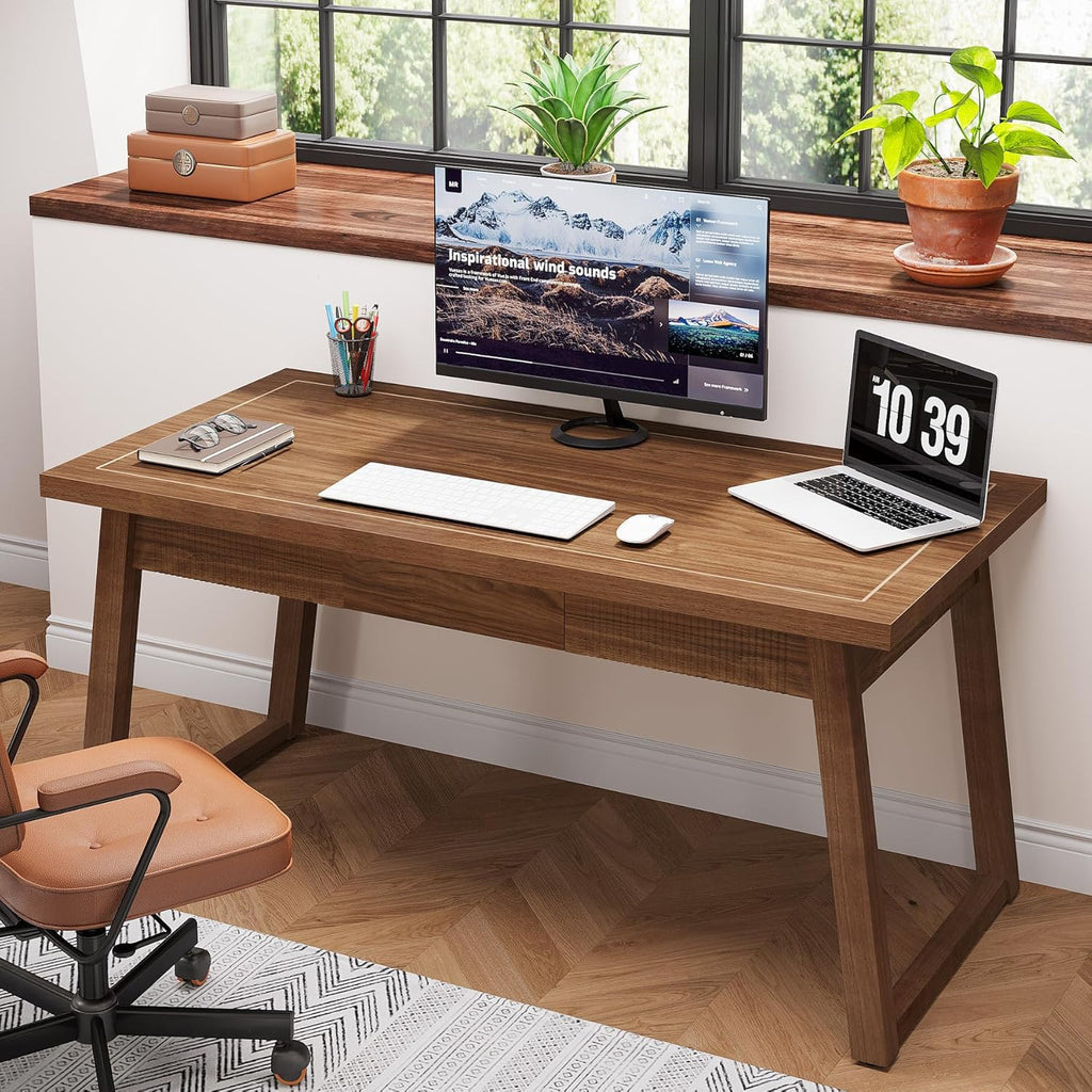 Home Office Executive Desk: 55 Inches Wooden Computer Desk with Drawer, Mid-Century Modern Study Writing Table
