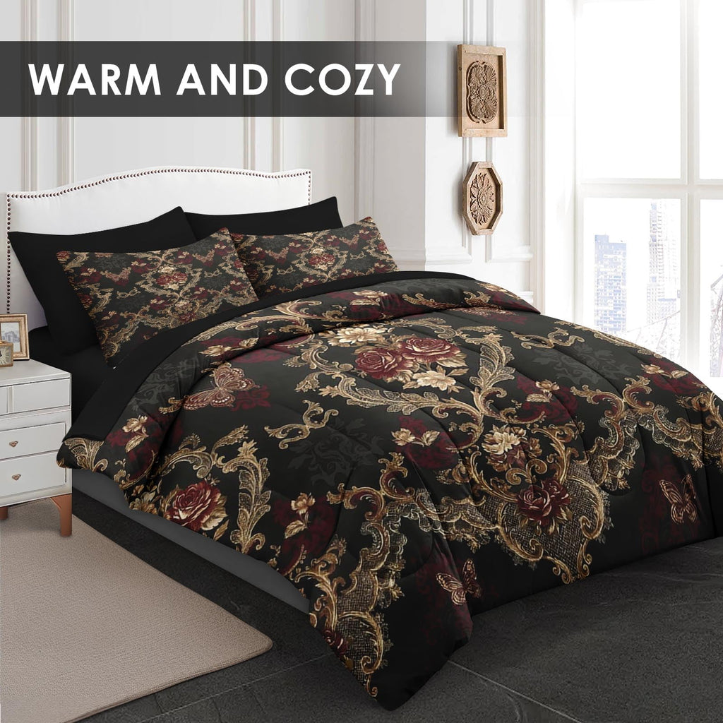 King Comforter Set with Sheets, 7 Pieces Victorian Butterfly Bedding