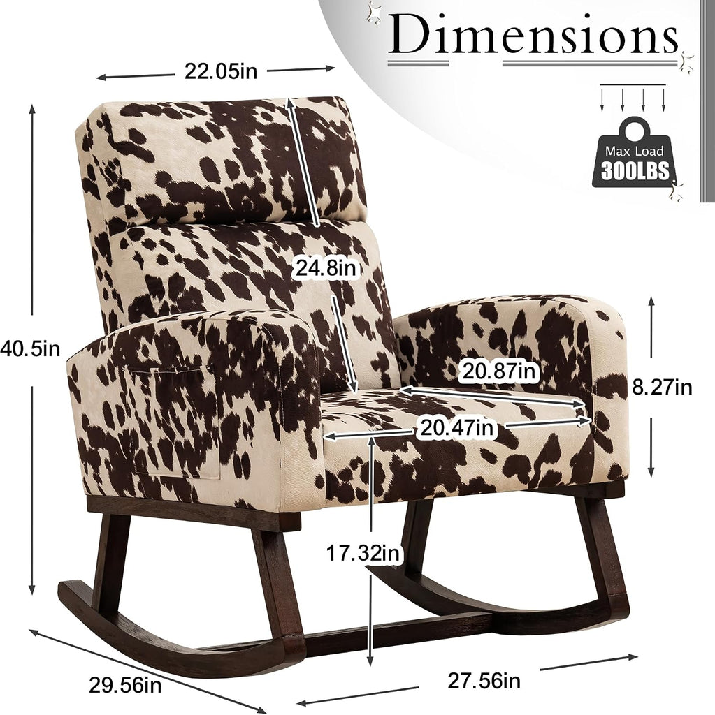 Nursery Rocking Chairs, Cow Printed Fabric Glider Chair Nursery Chair for Mom with High Backrest, Side Pocket and