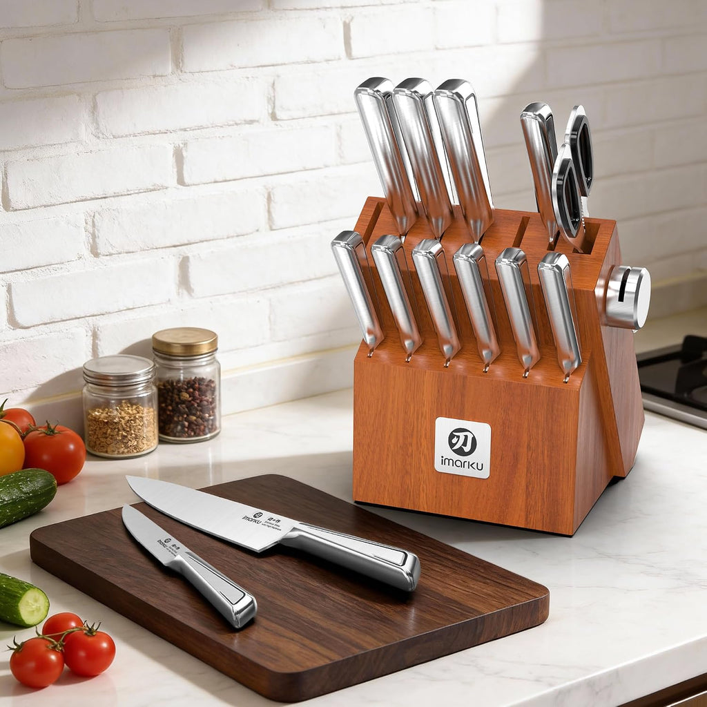 High Carbon Stainless Steel Gyutou Knife Set with Block, Precision-Forged Razor Sharp 10-15° Edge, Ergonomic Non-Slip