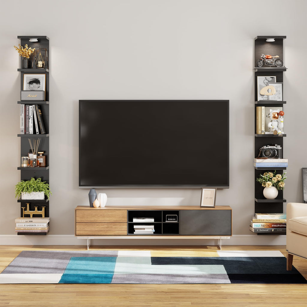 7 Tier Wall Shelf Unit Black Floating Shlef with Led Light for display