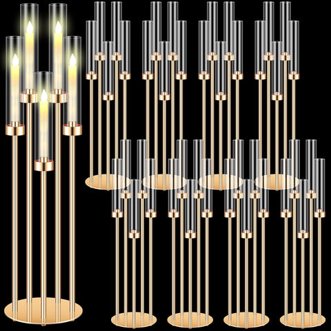 8 Pcs Acrylic Candelabra Centerpieces 35" Tall Clear Candle Holders Pillar Taper Candlestick with Lampshades 5 Arm