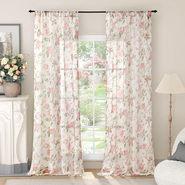 Pink Floral Sheer Curtains for Girls Room - 52x84 Inch 2 Panels
