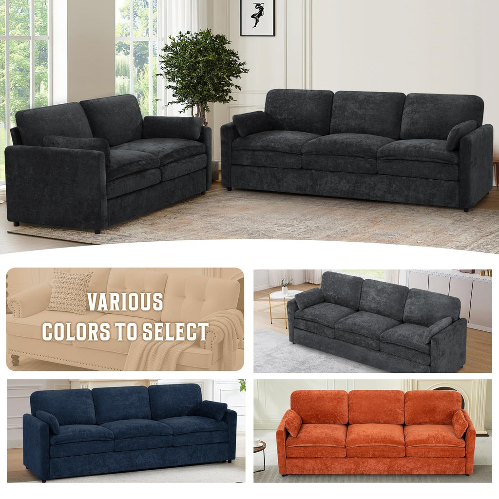89" Chenille Soft Sofa w/Well-Filled Backrests, Black