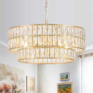 24'' Modern Crystal Chandelier 8-Lights Luxury Gold Semi Flush Mount Ceiling Light Fixtures Round Crystal Pendant