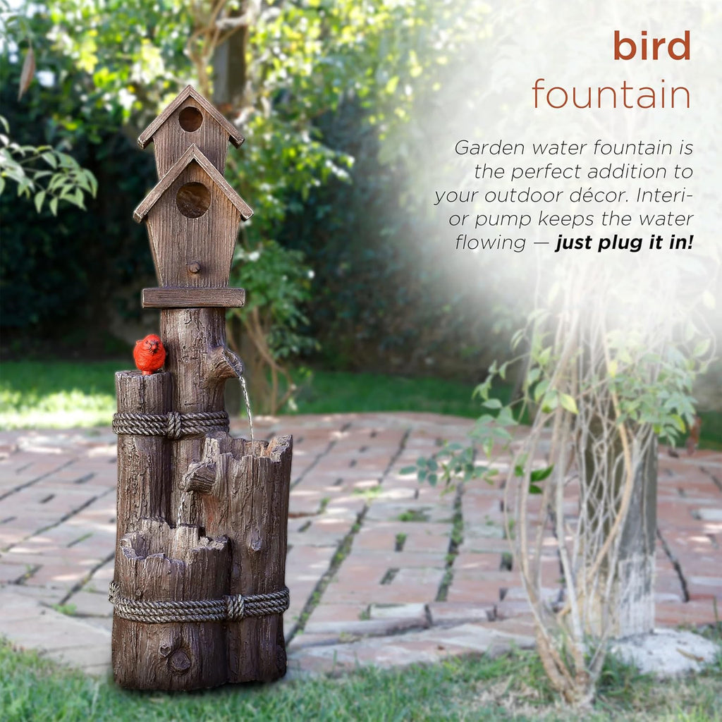 35" Tall Outdoor 3-Tier Birdhouse Water Fountain with Cardinal Accent, Rustic Floor Decor and Patio, Brown